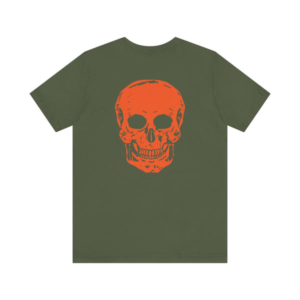 Olive green t-shirt with large orange skull print on back, mini orange skull on front, unisex cool skull shirt