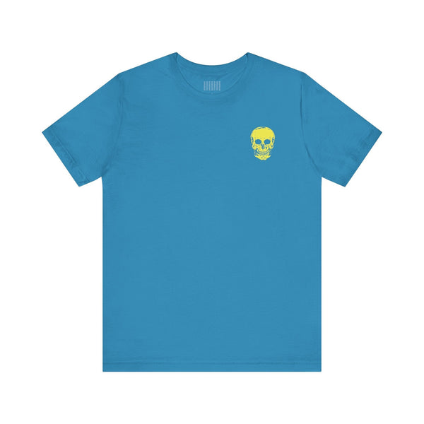 Blue streetwear tee shirt with small yellow mini skull graphic on left chest by Fugitive