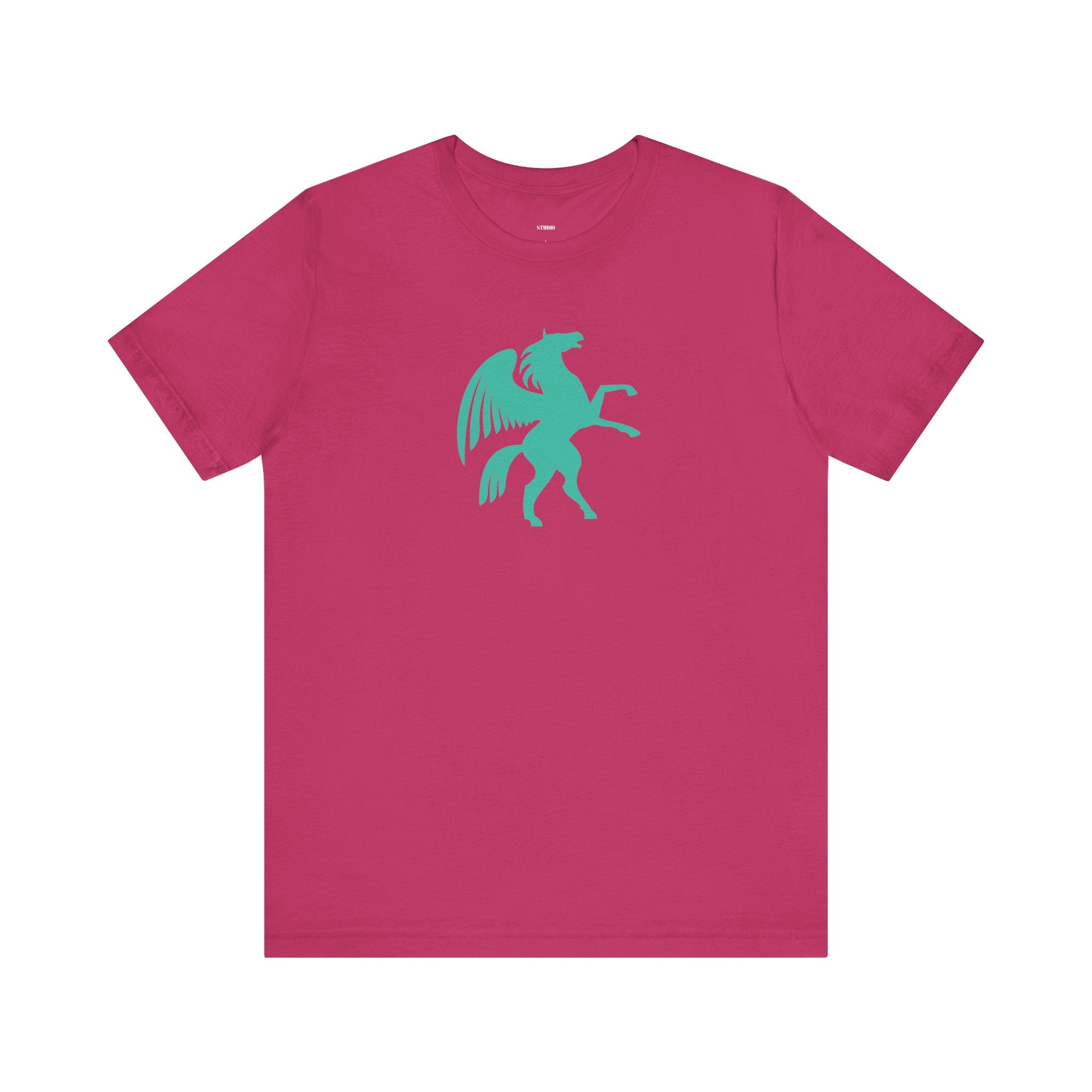 Magenta  cool graphic t shirt with turquoise Pegasus graphic from the Mythical Series, made of premium breathable cotton with a classic crew neck.