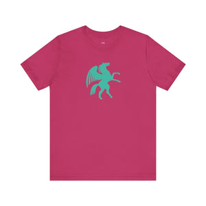 Magenta  cool graphic t shirt with turquoise Pegasus graphic from the Mythical Series, made of premium breathable cotton with a classic crew neck.