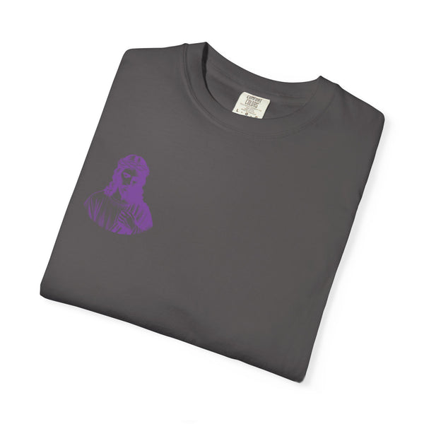 Purple Jumbo Jesus Back Print Tee with Purple Mini Jesus Front Left Graphic Tee - Iconic by Sandra Oles
