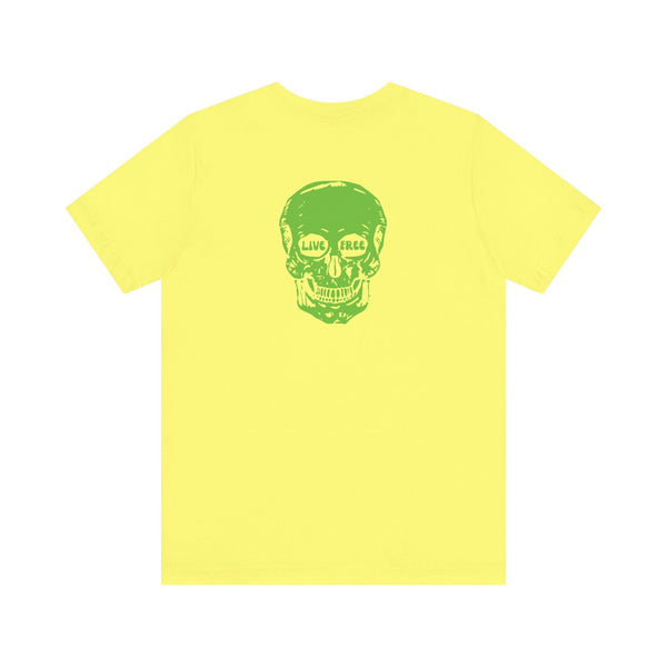 yellow skull print t-shirt with green neon skull and "live free" text on back