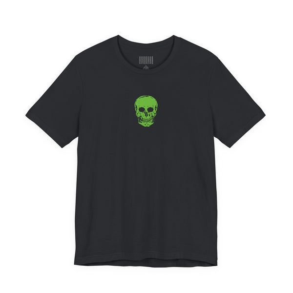 Black urban streetwear T-shirt with a mini green skull graphic centered on the chest.