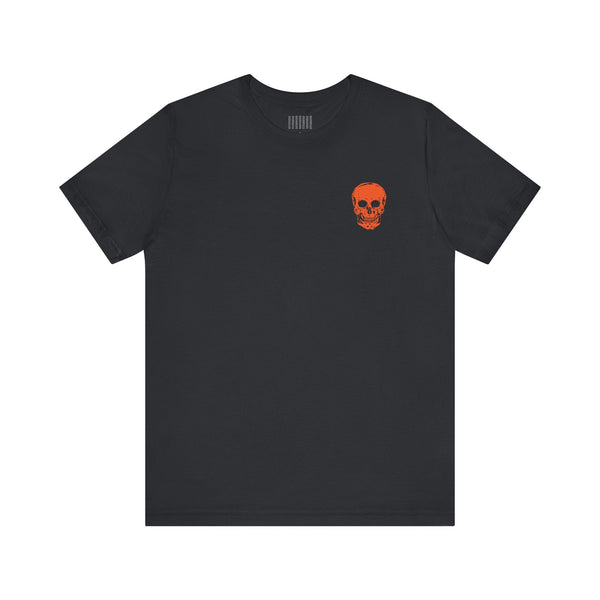 Black unisex t-shirt with a large orange skull print on the back and a small orange skull graphic on the left front, made of premium cotton.