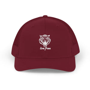 Maroon Tiger Snapback Trucker Cap with "Live Free" text and breathable mesh back