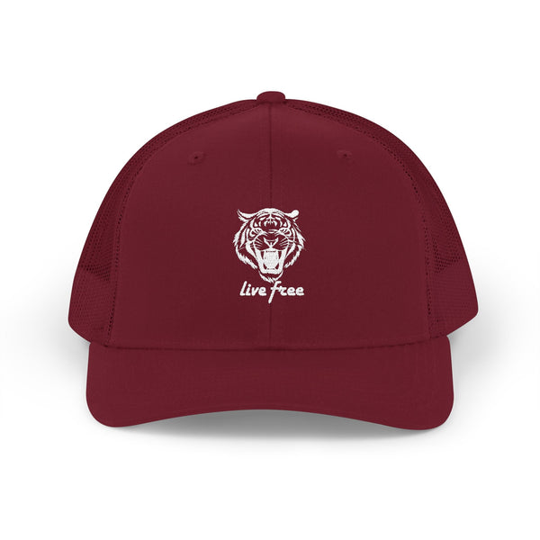 Maroon Tiger Snapback Trucker Cap with "Live Free" text and breathable mesh back