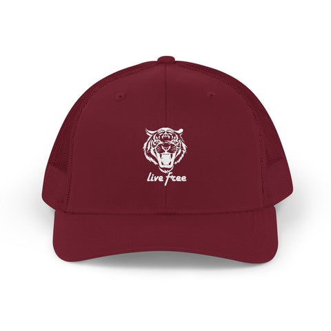 Maroon Tiger Snapback Trucker Cap with "Live Free" text and breathable mesh back