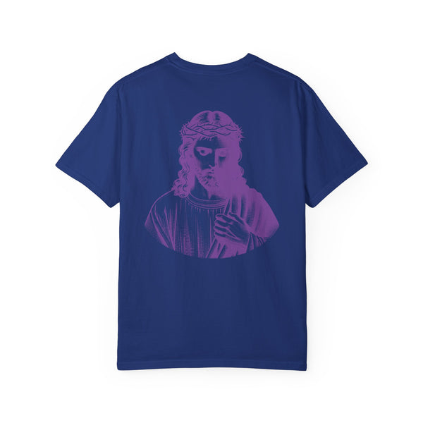 Purple Jumbo Jesus Back Print Tee with Purple Mini Jesus Front Left Graphic Tee - Iconic by Sandra Oles