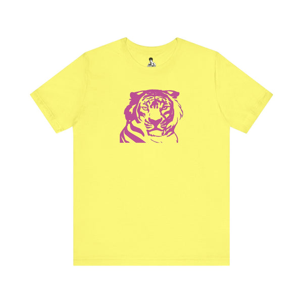 Yellow 70s style retro t-shirt with bold pink tiger graphic on front vintage tee