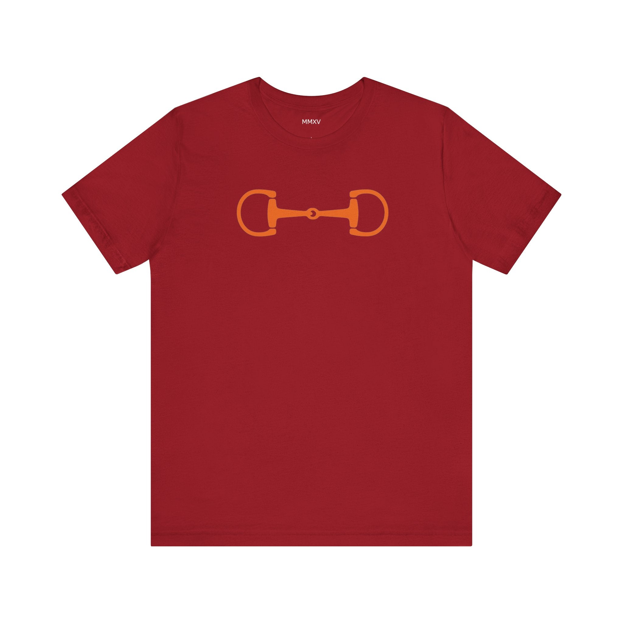 Red graphic tee with orange horsebit design, heritage equestrian streetwear style.