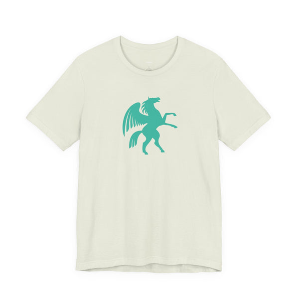 Unisex cool graphic t-shirt with turquoise Pegasus print on white cotton fabric