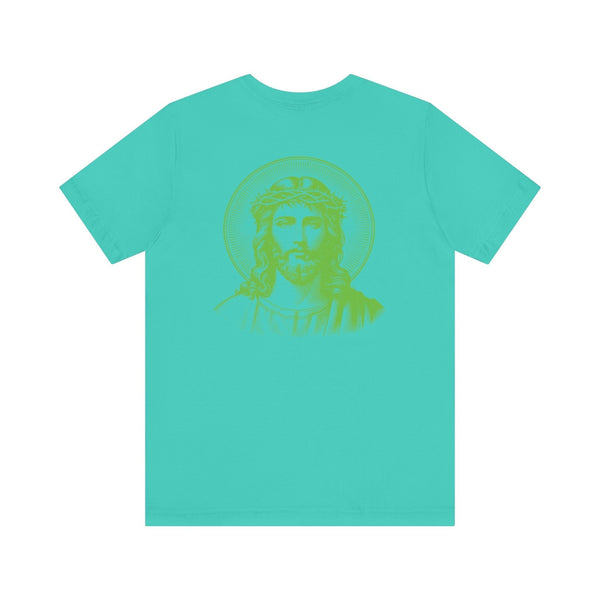 Green Jesus graphic tee with large halo Jesus print on the back and mini front chest print, made of soft cotton, streetwear style.