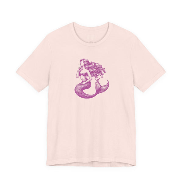 Unisex light pink mermaid t shirt with magenta graphic of a mythical mermaid siren