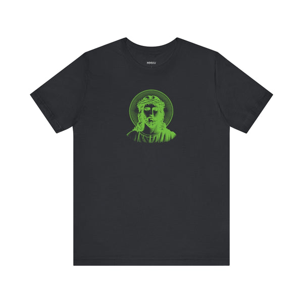 Green Mid-Scale Jesus with Halo Front Print Graphic Tee - Iconic by Sandra Oles