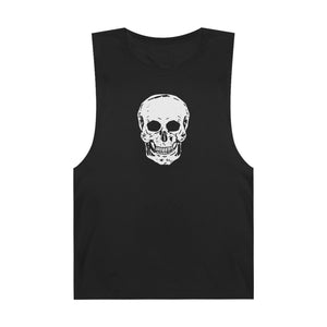 Black sleeveless skull tank top with bold white skull graphic on front, casual streetwear style