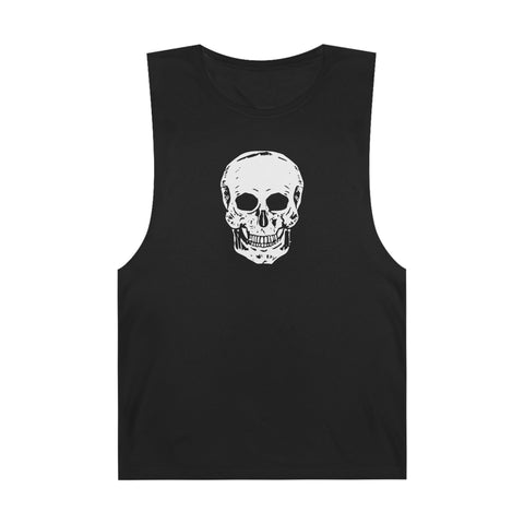 Black sleeveless skull tank top with bold white skull graphic on front, casual streetwear style