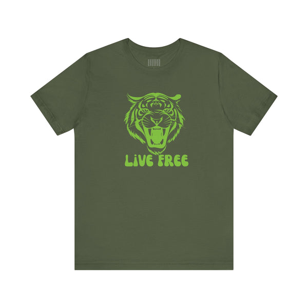 Green tiger "Live Free" graphic tee with green tiger head and bold text on olive cotton shirt