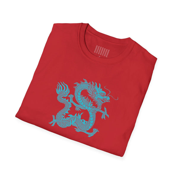 red unisex dragon t shirt with turquoise mythical dragon graphic design