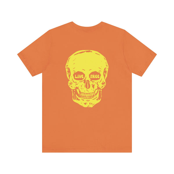 Orange indie style t-shirt with jumbo yellow skull print and "LIVE FREE" lettering in the eyes on the