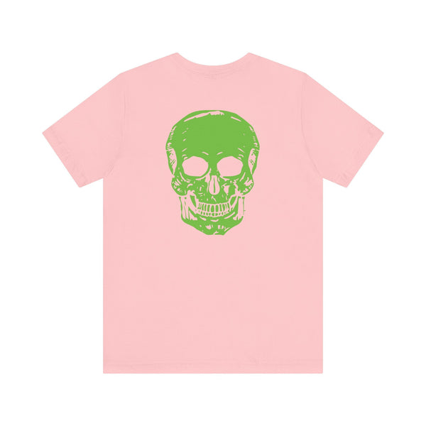 Pink tee with neon green jumbo skull back print for music festival fashion