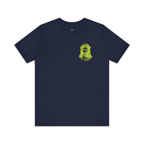 Navy Jesus t-shirt with lime green mini Jesus graphic on front left and jumbo back print by Sandra Oles