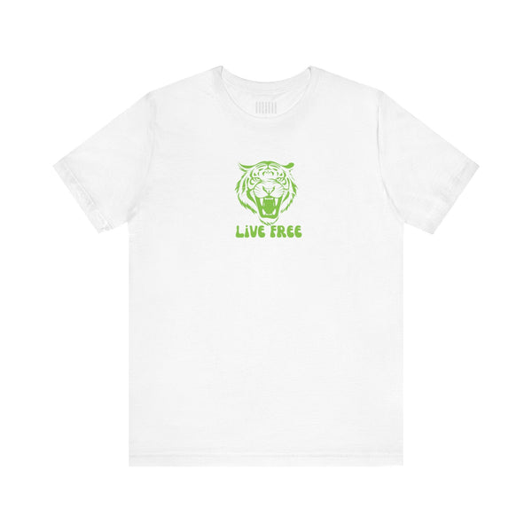 White unisex jersey tee with green roaring tiger graphic and "Live Free" text, breathable cotton streetwear shirt
