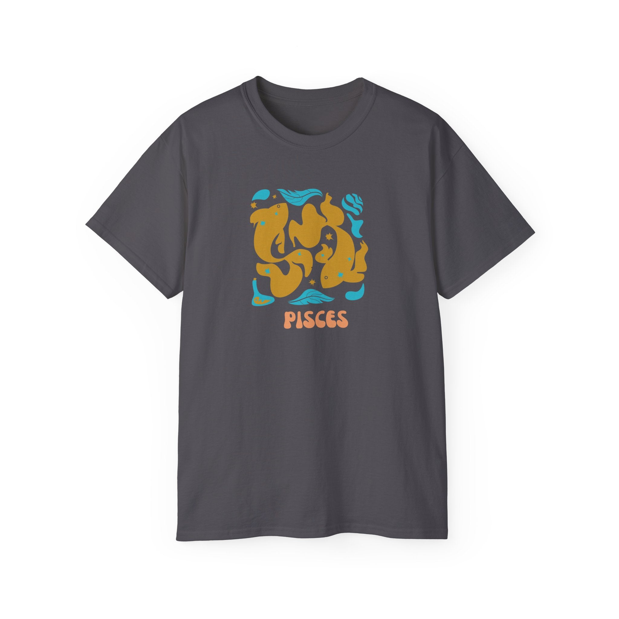 Dark gray Pisces t shirt with artistic zodiac graphic in orange and blue, made from soft breathable cotton.