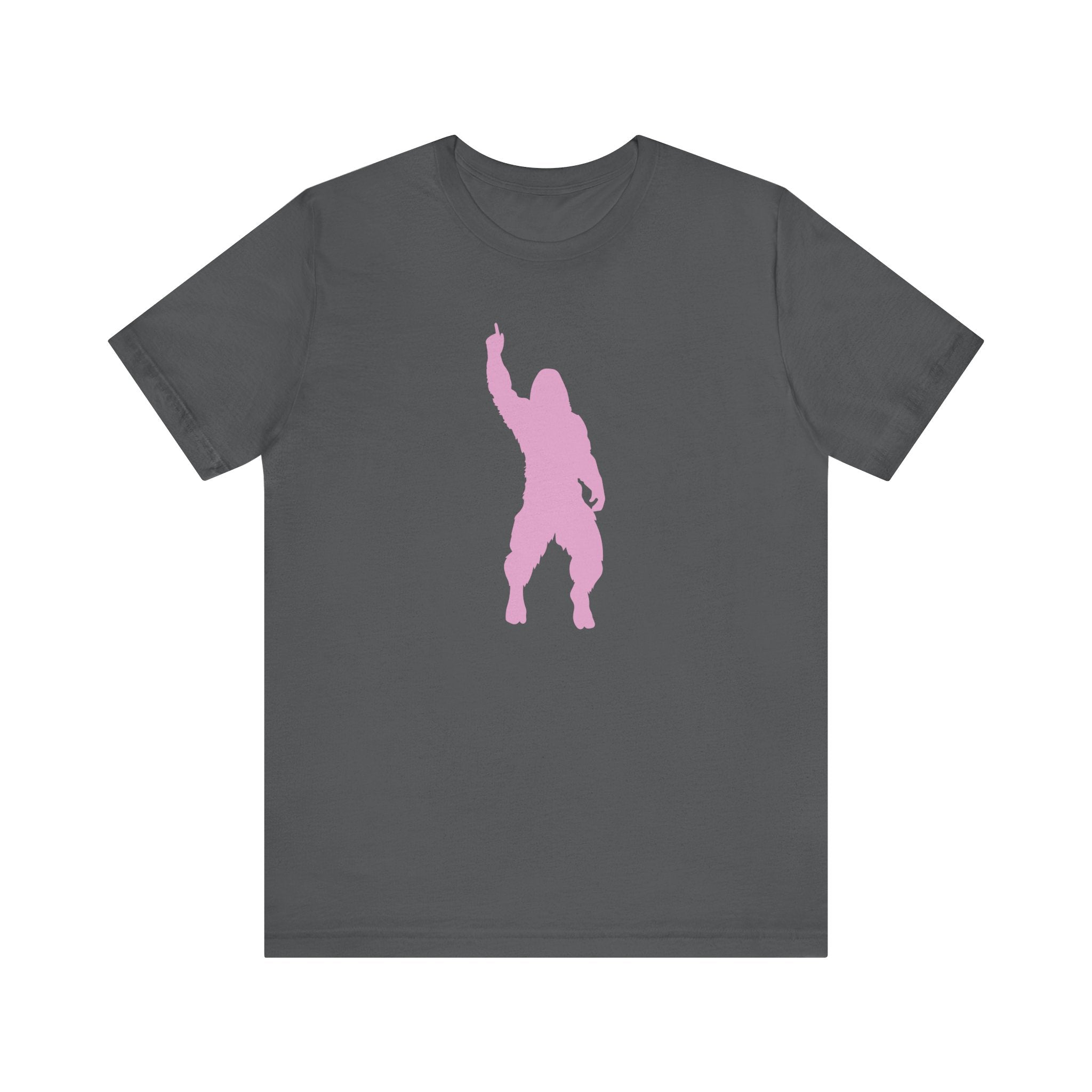 Charcoal bigfoot t shirt with a cheeky pink Sasquatch graphic in mid-strut pose.