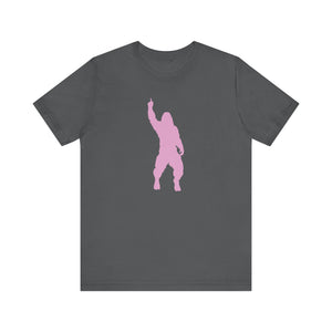 Charcoal bigfoot t shirt with a cheeky pink Sasquatch graphic in mid-strut pose.