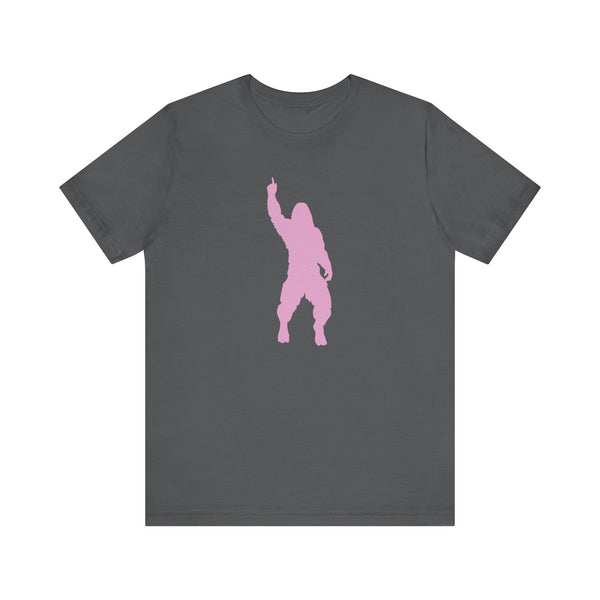 Charcoal bigfoot t shirt with a cheeky pink Sasquatch graphic in mid-strut pose.