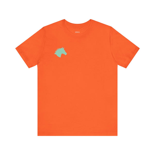 Orange equestrian t-shirt with minimalist aqua horse head graphic on left chest