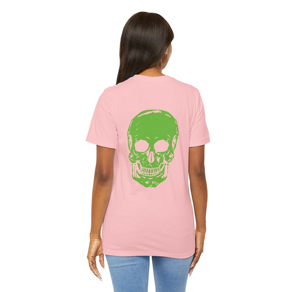 Green Jumbo Skull Back Print with Green Mini Skull Left Front Graphic Tee - Fugitive by Sandra Oles