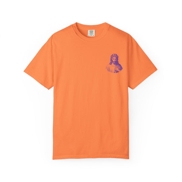 Orange unisex Christian streetwear t-shirt with small purple Jesus graphic on left chest