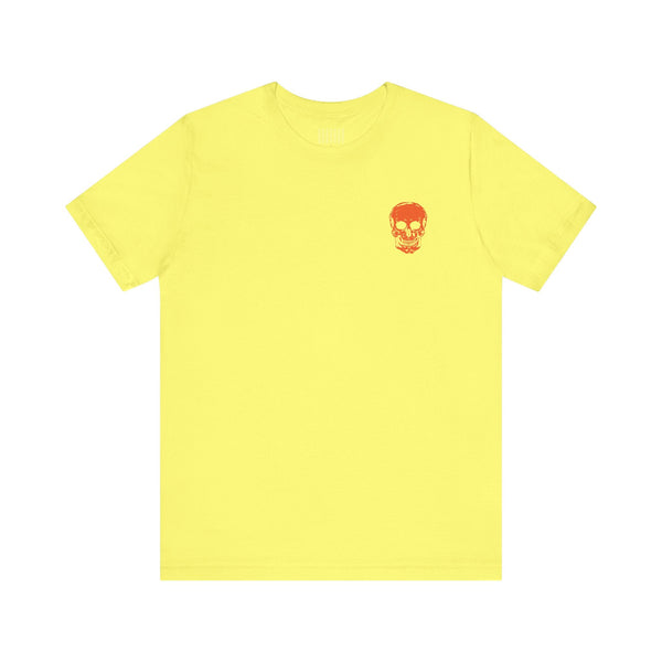 Yellow unisex streetwear t-shirt with small orange skull graphic on front left chest
