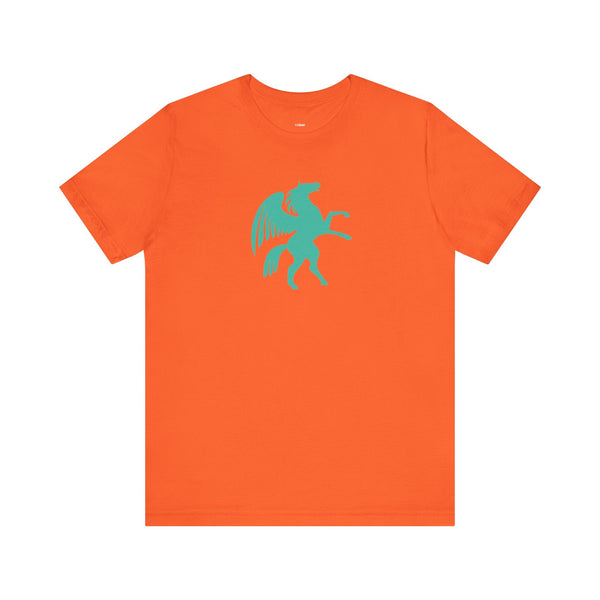 Orange t-shirt with turquoise Pegasus graphic from Mythical Series, made of premium breathable cotton.