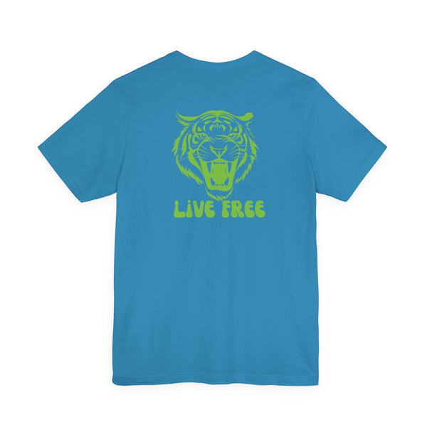 blue tee with vintage tiger roaring back print and live free text