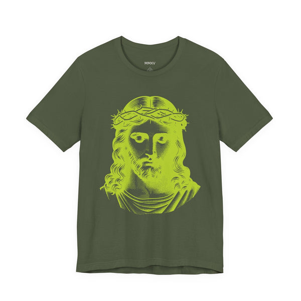 Olive green Christian t-shirt with jumbo lime green Jesus graphic and ribbed collar