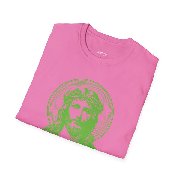 Pink spiritual shirt with green halo Jesus front print graphic design