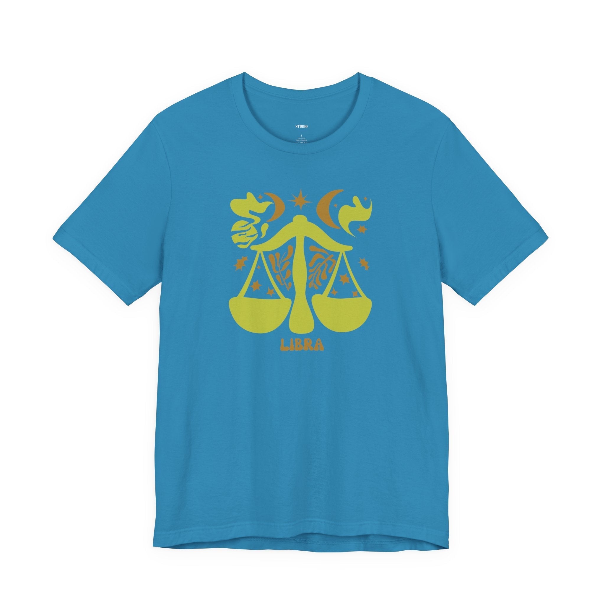 Blue unisex Libra t shirt with yellow balance scales and celestial zodiac design
