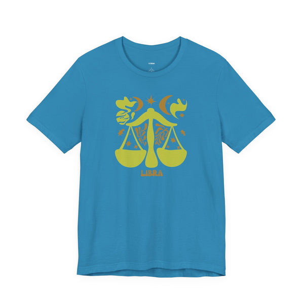 Blue unisex Libra t shirt with yellow balance scales and celestial zodiac design