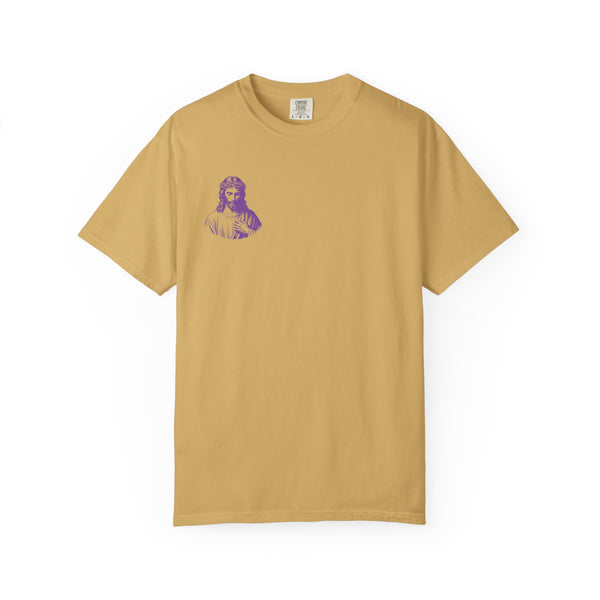 Yellow tee with small purple Jesus graphic on front left chest