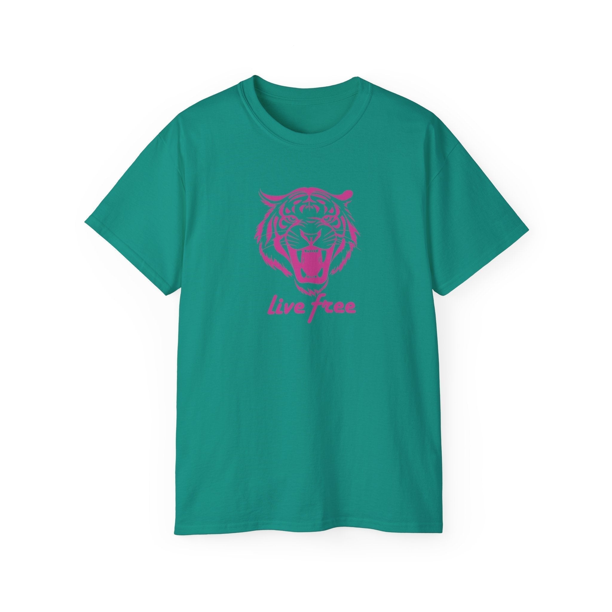 Pink “Live Free” Jumbo Retro Roaring Tiger Head Graphic Tee - Fugitive by Sandra Oles