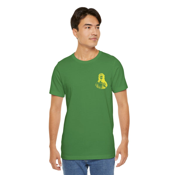 Green unisex crew neck t-shirt with yellow mini Jesus in crown of thorns graphic on front left side