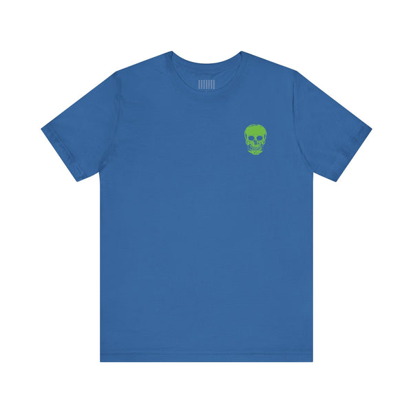 blue streetwear t shirt with small green skull graphic on front center