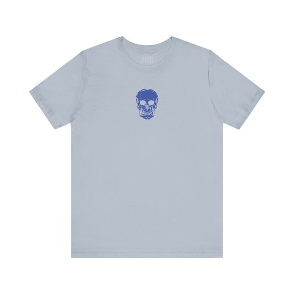 blue graphic t shirt with mini blue skull design by Sandra Oles