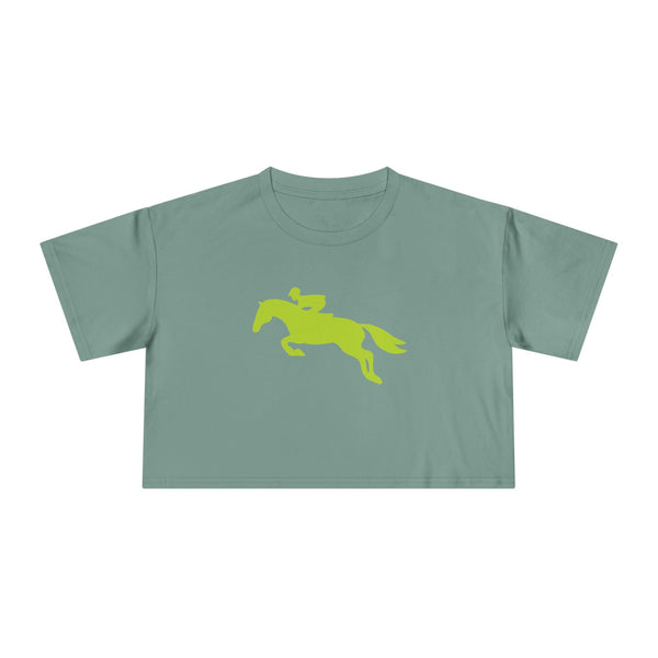 Green cropped t shirt with yellow hunter jumper horse and rider graphic, breathable cotton, modern fit for equestrian style