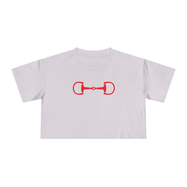 White cropped tee with red horsebit style and relaxed dropped shoulder fit
