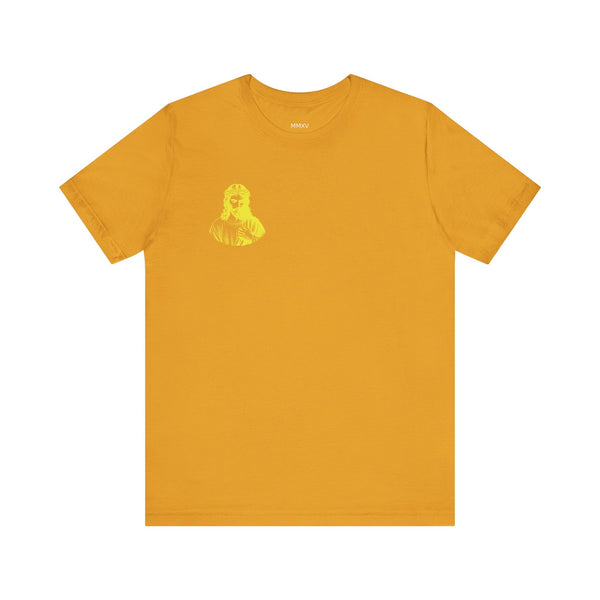 Yellow Mini Jesus in Crown of Thorns Front Left Print Graphic Tee - Iconic by Sandra Oles