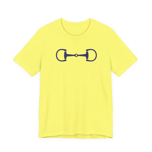 Yellow stylish equestrian t-shirt with navy blue horse bit graphic on front, casual and comfortable design