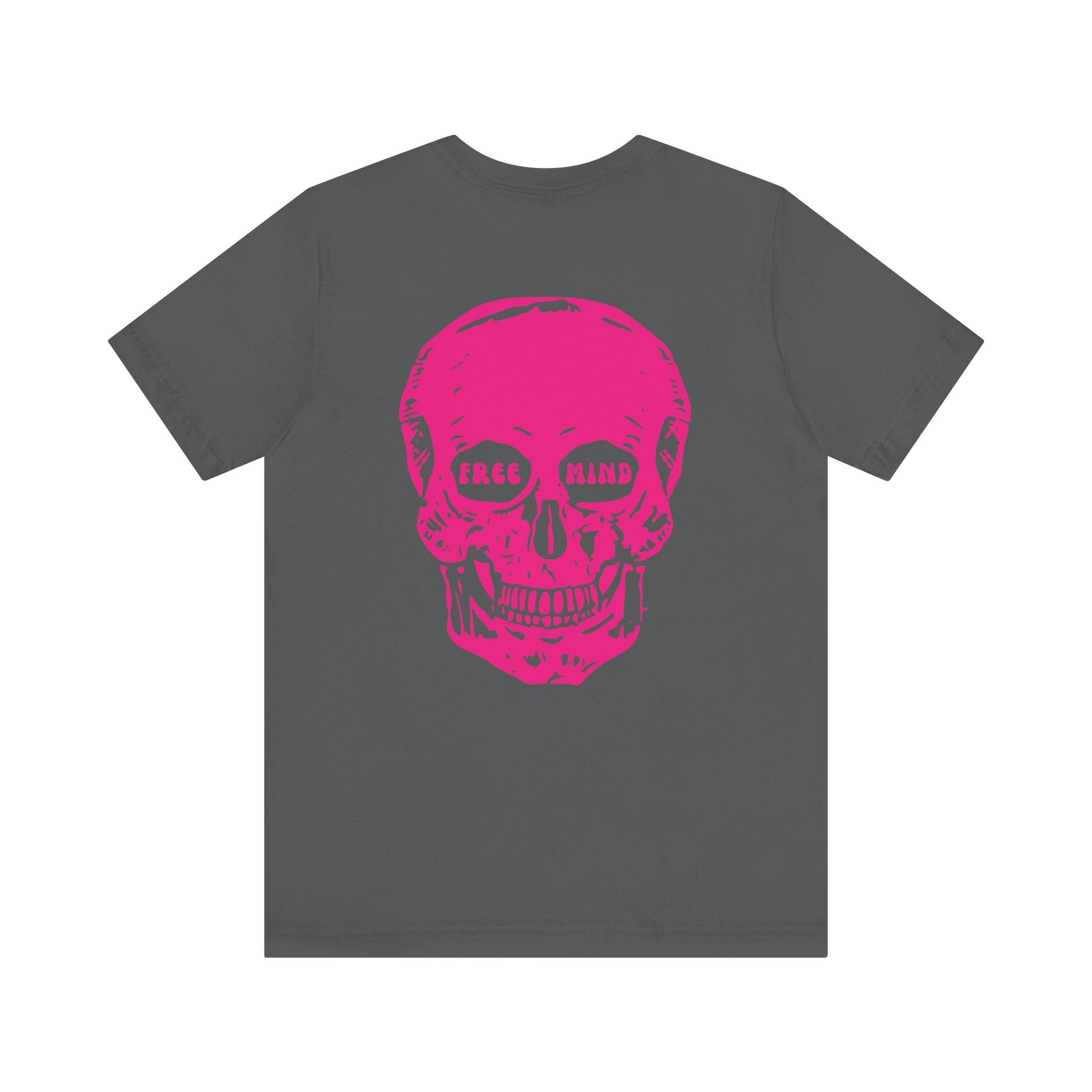 Gray tee with vibrant pink jumbo skull back print and "Free Mind" text for statement streetwear